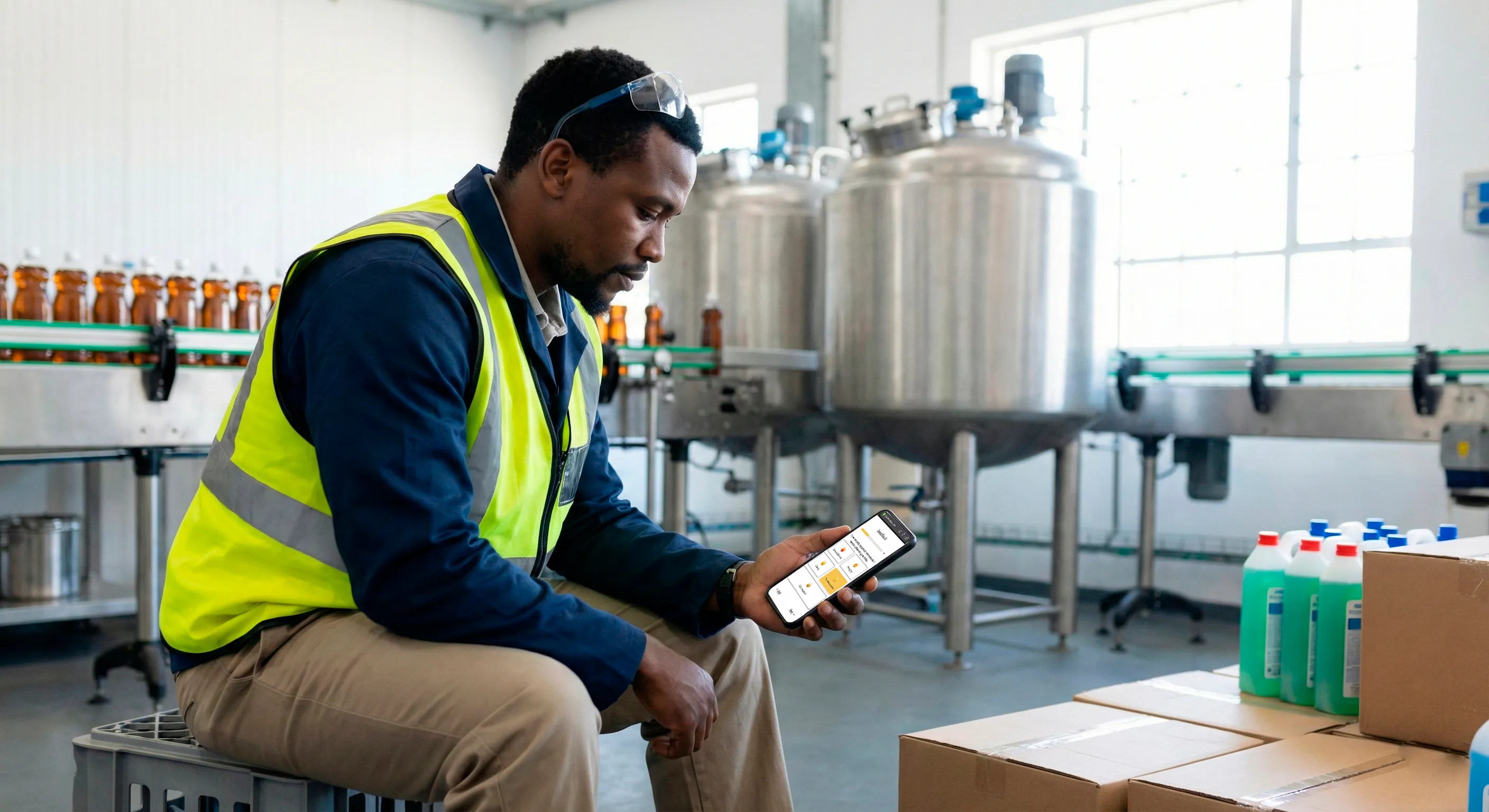 Factory worker using BB Pulse on their phone during a break