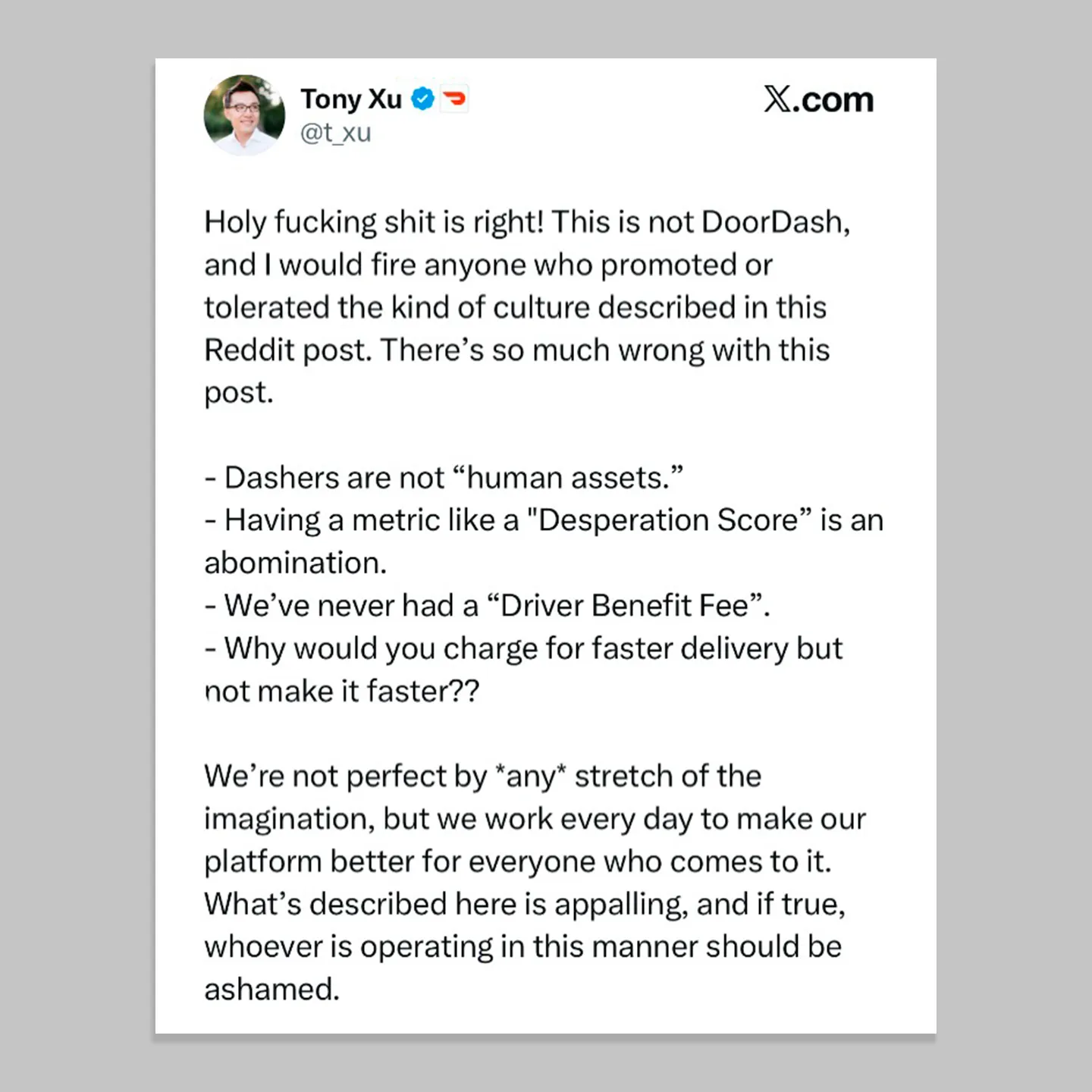 DoorDash CEO Tony Xu responding to AI-generated misinformation on Reddit